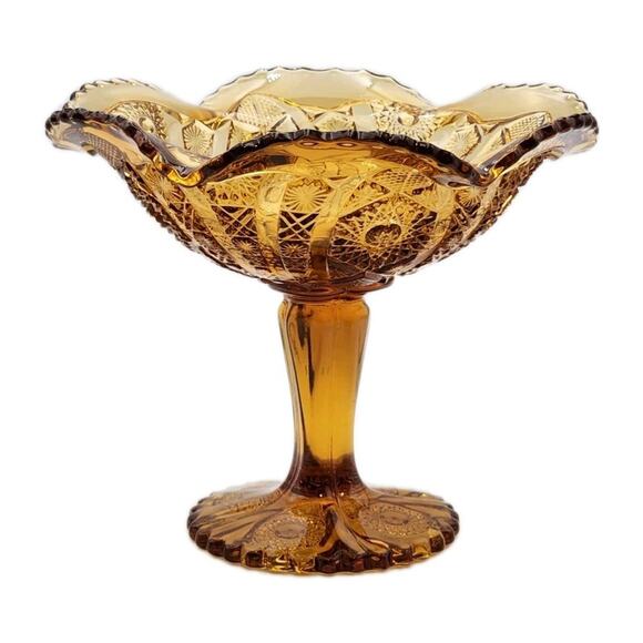 Daisy & Button Crimped Tall Compote Amber Imperial Glass Ohio 7" Tall VTG 1970's - Picture 2 of 16